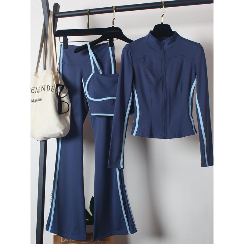 Damen Yoga Sportbekleidungsset: Hochtaillierte Schlaghosen, Schlankmachend, Tanz, Laufen, Reißverschluss, Dreiteilig für Herbst/Winter.