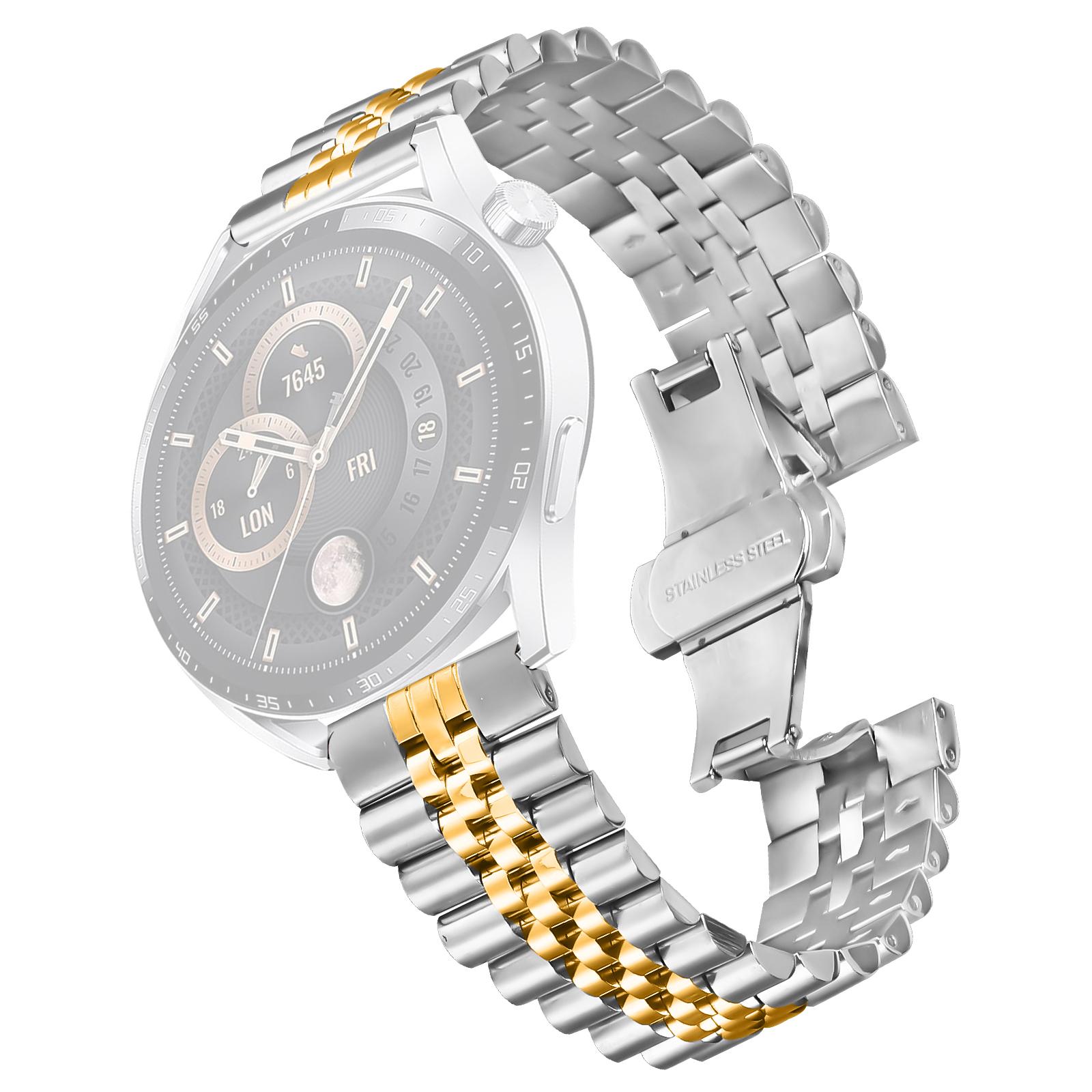 

For Haylou GST (LS09B) Wrist Band 5-Bead Stainless Steel Butterfly Clasp Watch Strap Silver+Gold