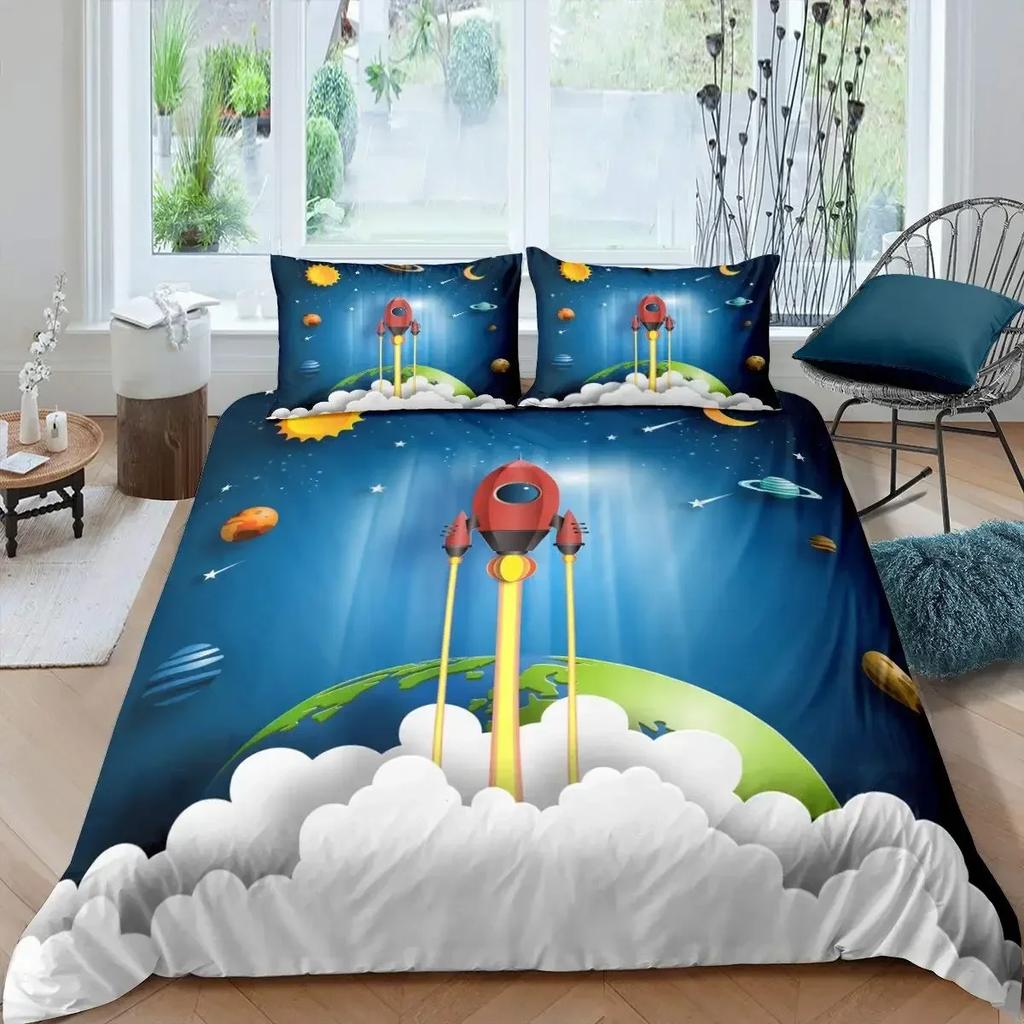 Rocket Spaceship Comfortable Duvet Quilt Cover Pillowcase Bedding Set Children Bedroom Decoration Home Textile