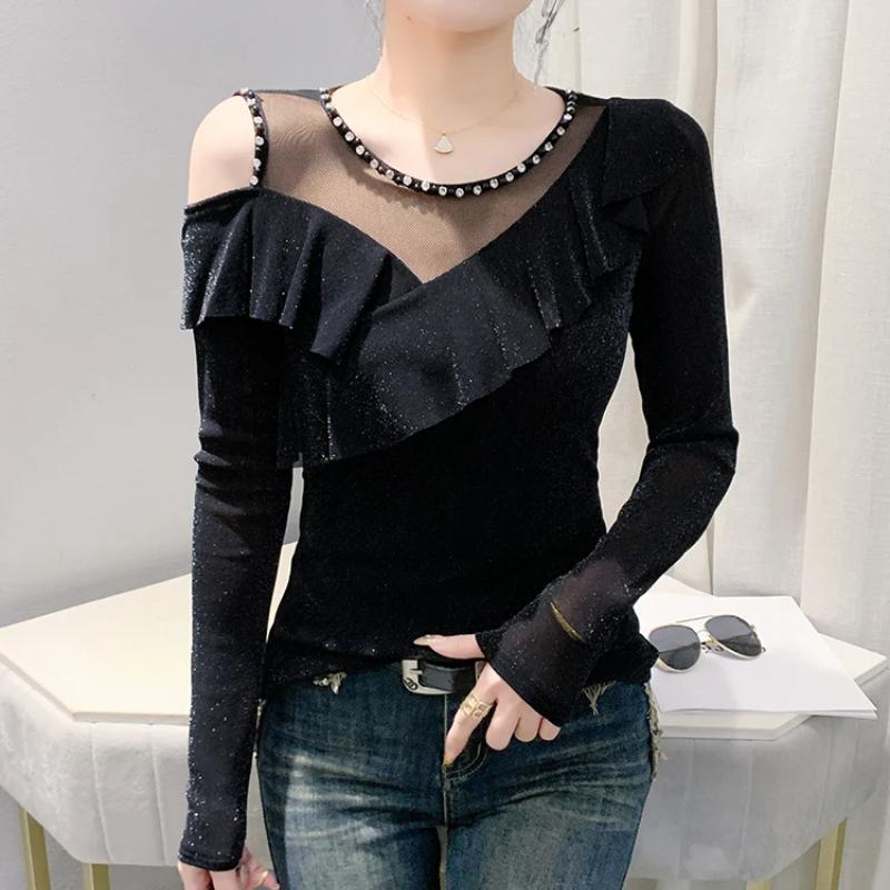 Spring Autumn New Long Sleeved O-neck Sexy Women's Beading Black T-Shirt Elegant Slim Hollow Out Ruffes Tops Tees