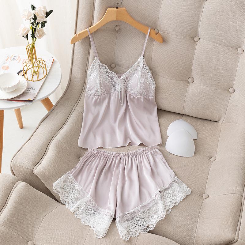 Summer pajamas women's thin ice silk suspender shorts two-piece set sexy belt chest pad lace halter vest set