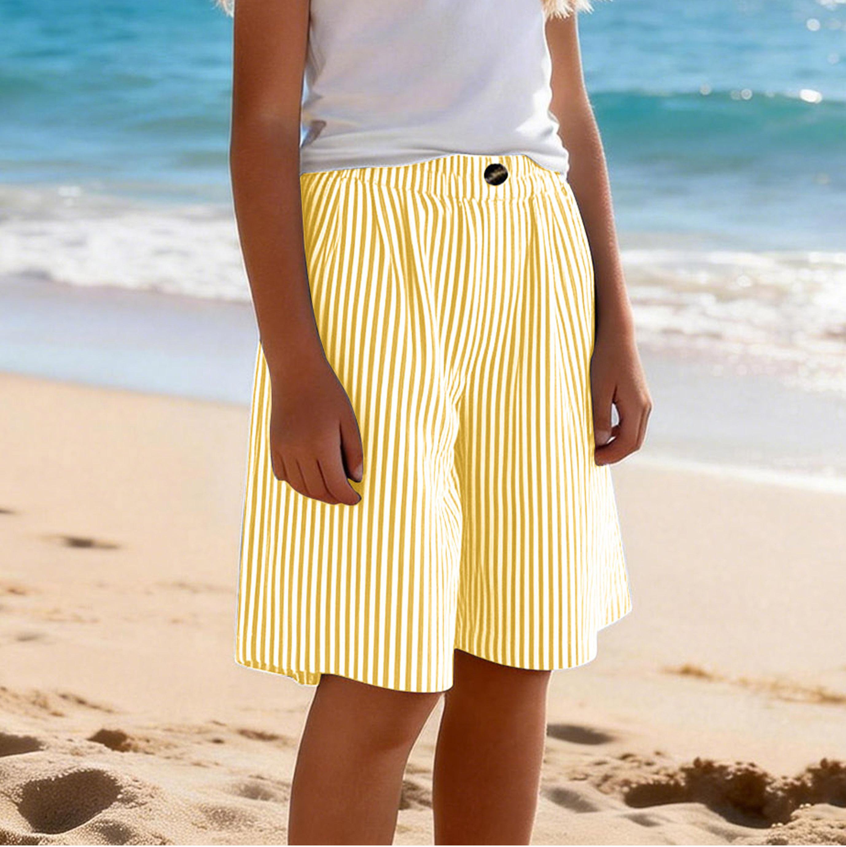 

Children s Fashionable Cute Striped Elastic Waist Pocket Casual Girls Shorts 160 жовтий