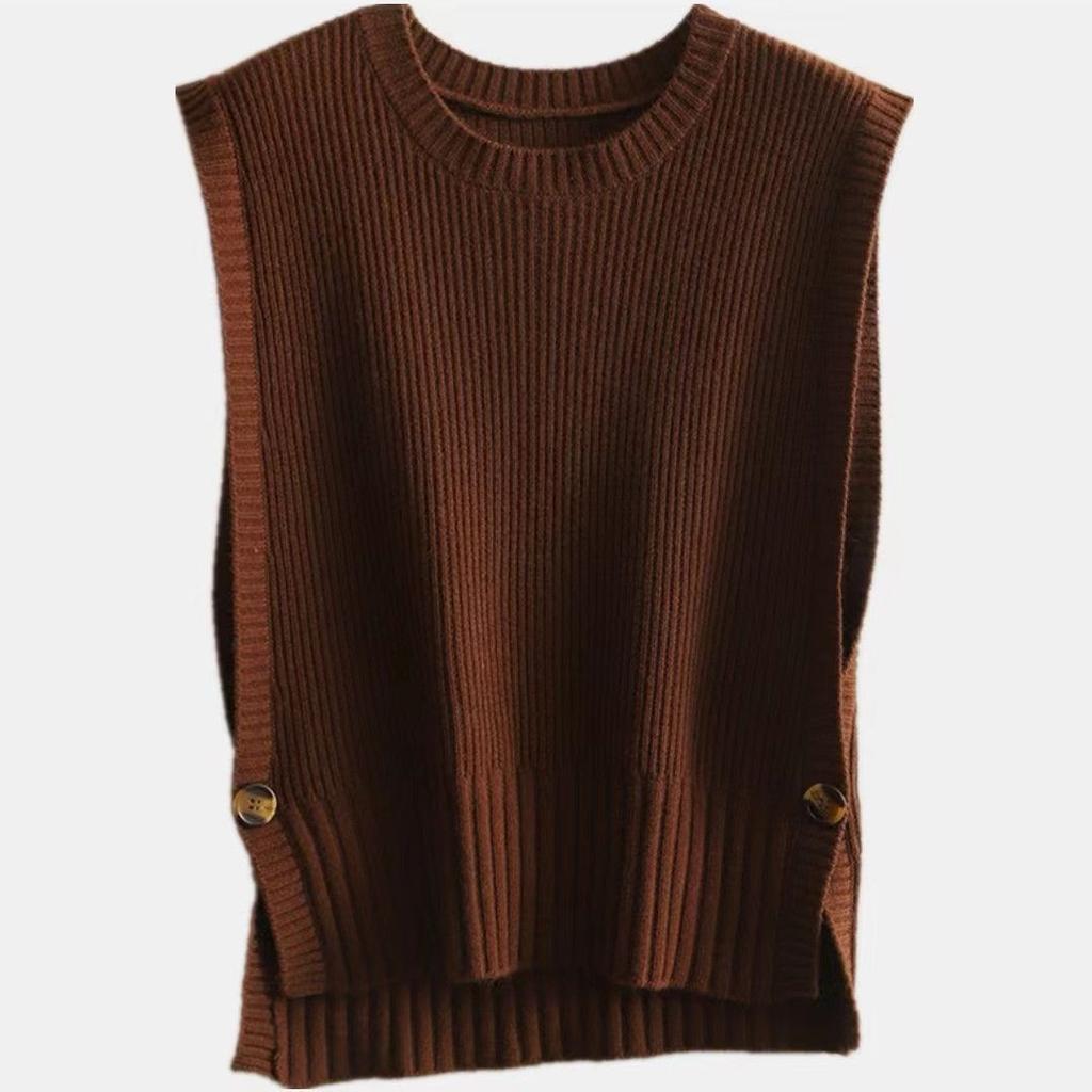 Women's Round Neck Pullover Knitted Vest Loose Casual Outerwear Sleeveless Cardigan Vest Outer Wear Lazy Style Top