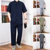 2Pcs/Set Men Suit Stand Collar Short Sleeve Single Breasted Shirt Elastic Waist Long Pants Set Solid Color Loose Fit Leisure Outfit