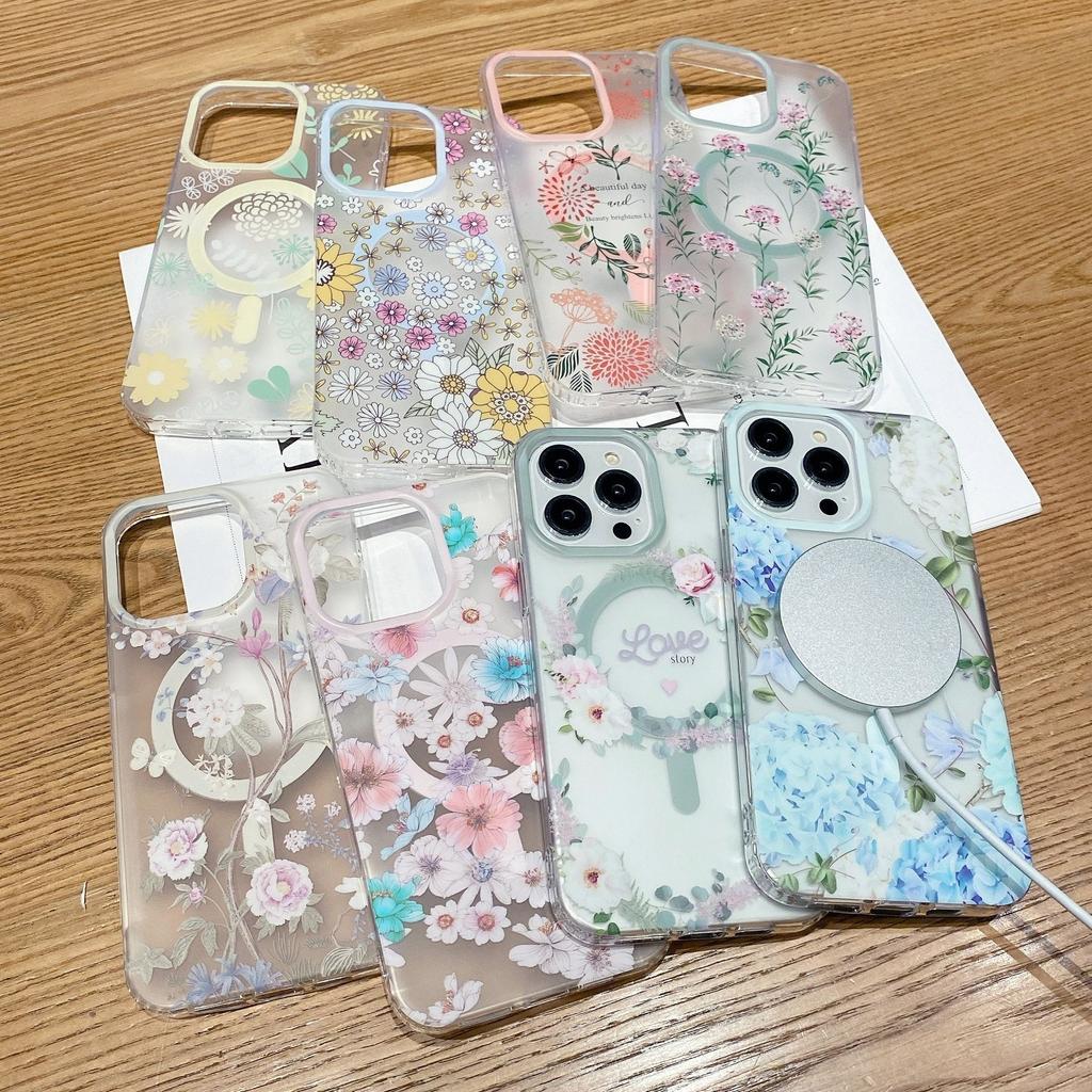 Applicable To IPhone 16 Mobile Phone Case Small Fresh Flowers Apple 15promax Powerful Magnetic Absorption and Anti-fall