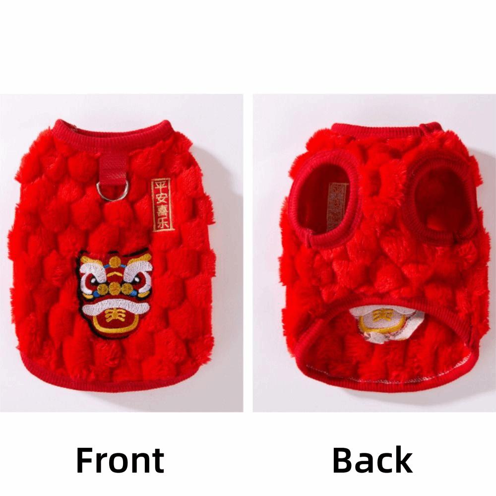 Pet Clothes Warm Dancing Lion Cat Coat Red Fluffy New Year Pet Vest Embroidered Soft Winter Dog Jacket Puppy Dogs
