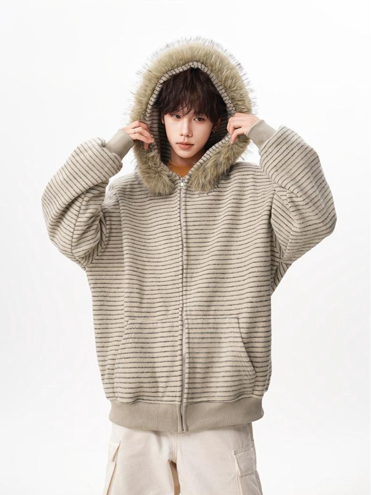 Unisex American Retro Striped Hoodie with Fur Collar - Autumn/Winter Casual Loose Cardigan