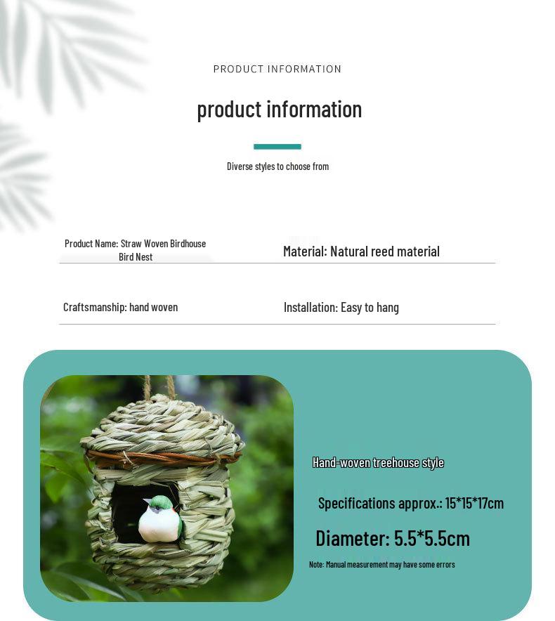 Handmade Outdoor Woven Straw Birdhouse: Warm Bird Nest Pendant for Home Decoration