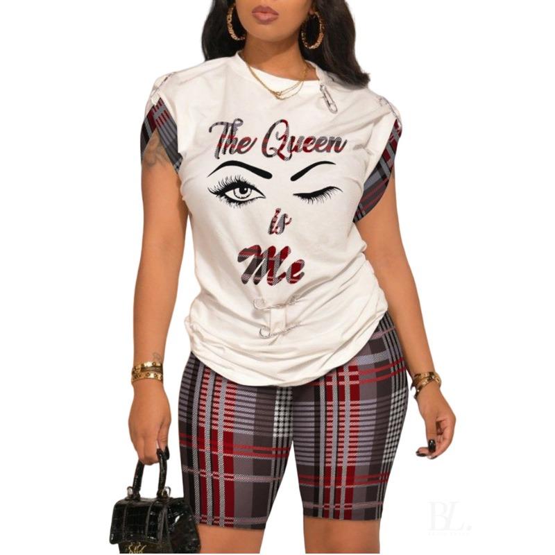 YYFS Damenmode Casual Sommer Frühling Farbblockdruck Kurzarm O-Ausschnitt Hosen Hosenanzüge