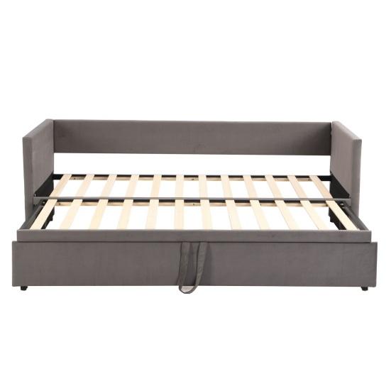 Upholstered Bed Extendable Sofa Bed 90/180x200cm with Slatted Frame, Multifunctional Bed Made of Skin-Friendly Velvet Fabric