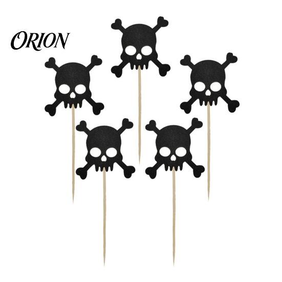 Cake Topper 8 Pcs Halloween Glitter Cupcake Picks, Spooky Black Skull Toppers, Gothic Birthday Party Decoration for Supplies Stiff Stability