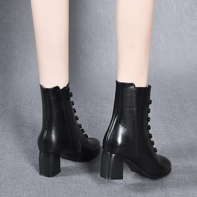 Fashion Short Boots Autumn and Winter New Pointed Thick Heel First Layer Cowhide Double-breasted Side Zipper Women's Leather Boots