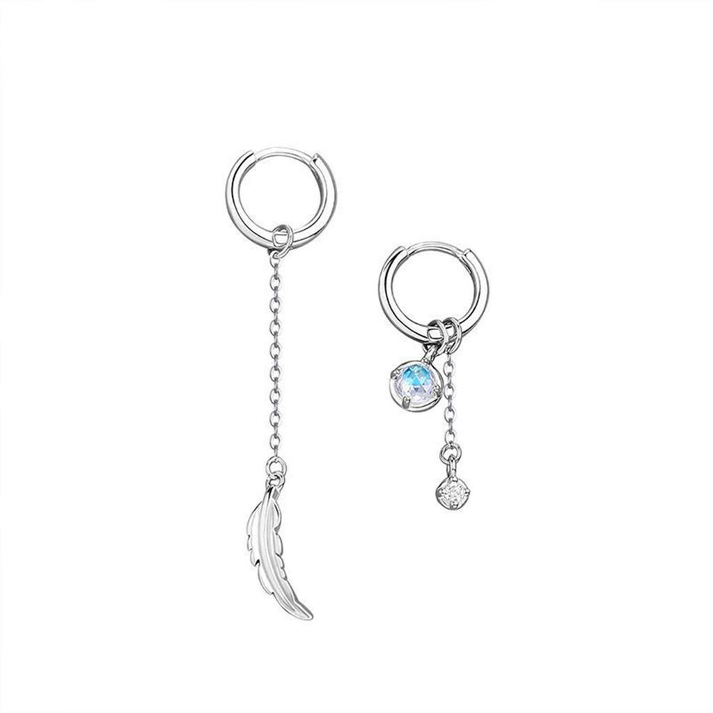 Orecchini Asimmetrici a Forma di Piuma in Argento 925 con Ciondolo in Pietra di Luna Bianca Gioielli Fatti a Mano per Regali da Donna