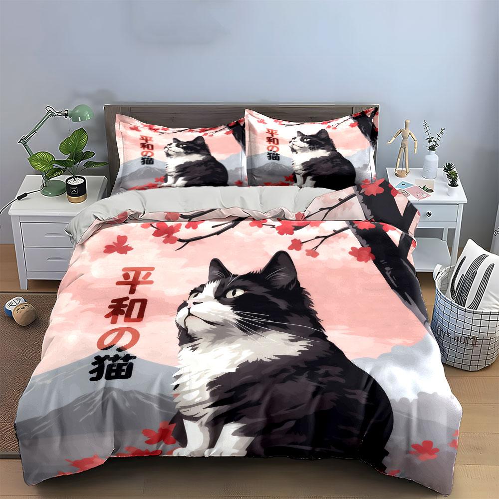 Cat Art Print Home Decor Set Soft Comfortable Duvet Cover Bedding Set Included 1*Duvet Cover & 2*Pillowcases, Gift