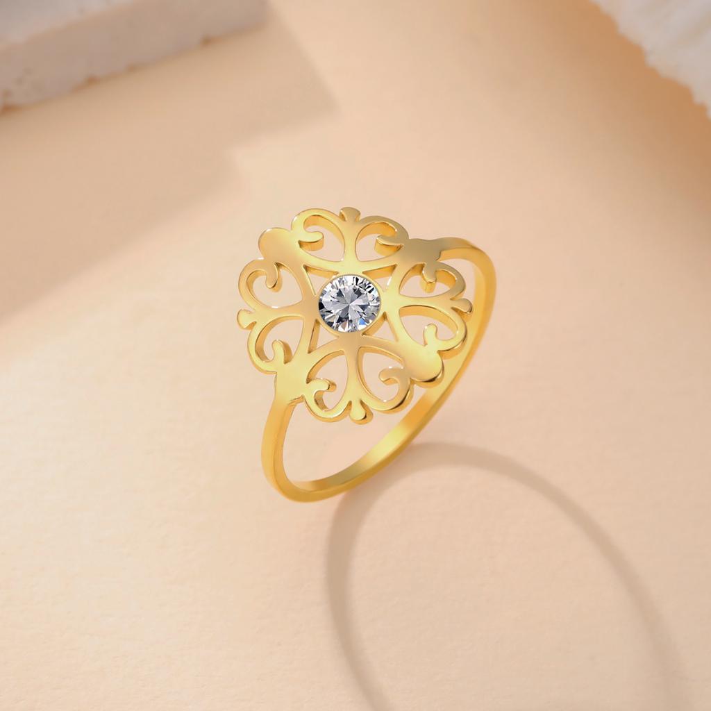 Bague Fleur en Acier Inoxydable Avec Zircon Transparent Bagues pour Femmes Alliance Bijoux Bohèmes Cadeau d'Anniversaire