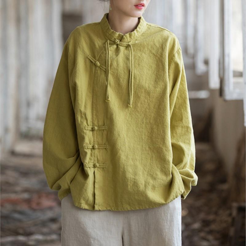 Women Chinese Style Stand Shirts Spring Solid Color Button Blouses Long Sleeve Vintage Ramie Cotton Shirts