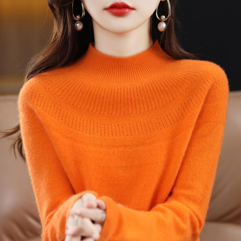 Half Turtleneck Cardigan for Women In Autumn and Winter New First-line Ready-to-wear Wool Knitted Base Shirt Fashionable and Versatile Hollow Top