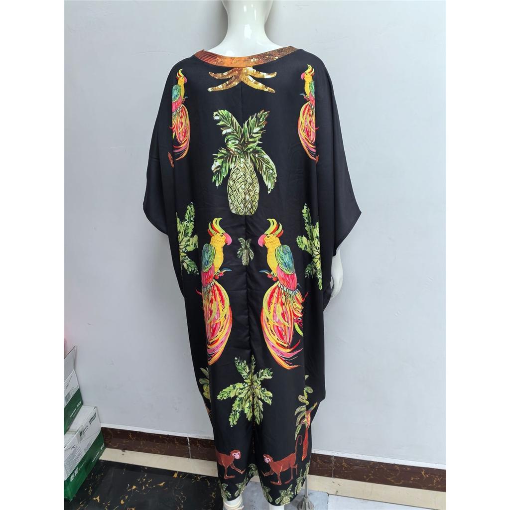 Women's Bat Sleeve V-neck Print Loose Long Classic Retro Dress Clothes Sale