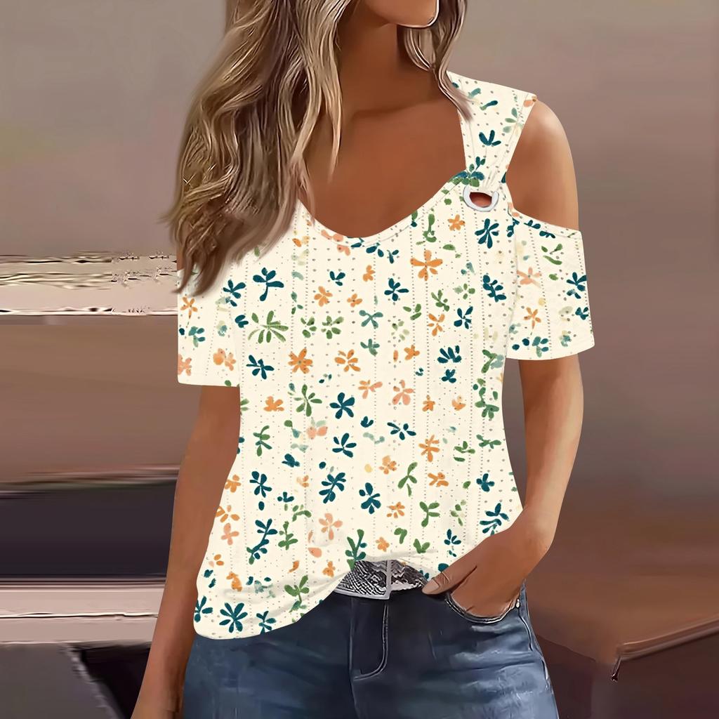 Sexy Cold Sholuder Tops For Women  Summer Hollow Out Eyelet Short Sleeve Blouse Loose V Neck Tshirt Trendy Casual Tunics