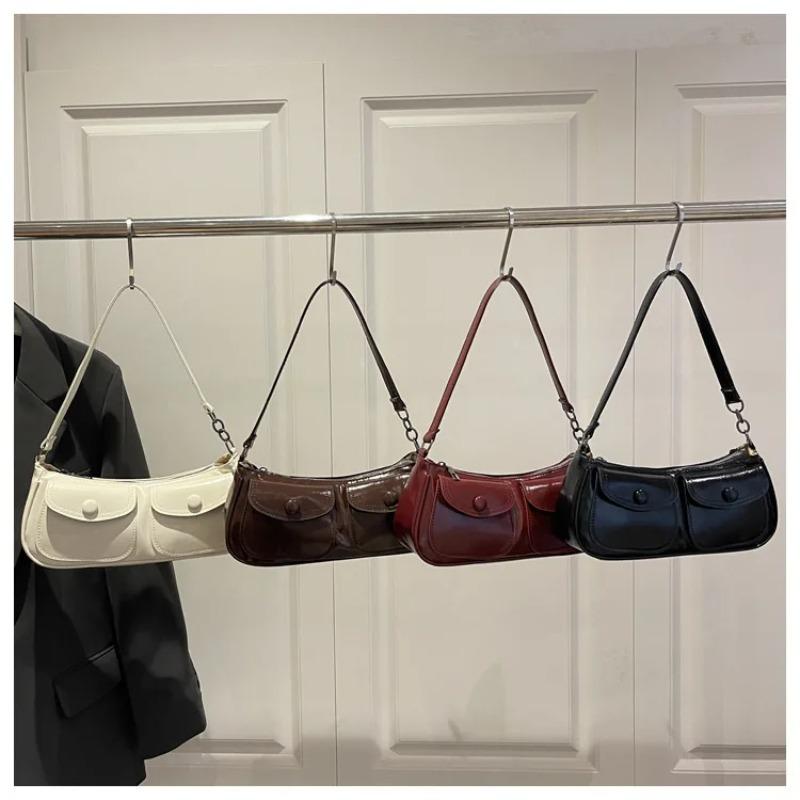 Vintage Double Pocket Design Shoulder Bags for Women Solid Color Ladies Pu Leather Underarm Bag Simple Portable Female Handbags