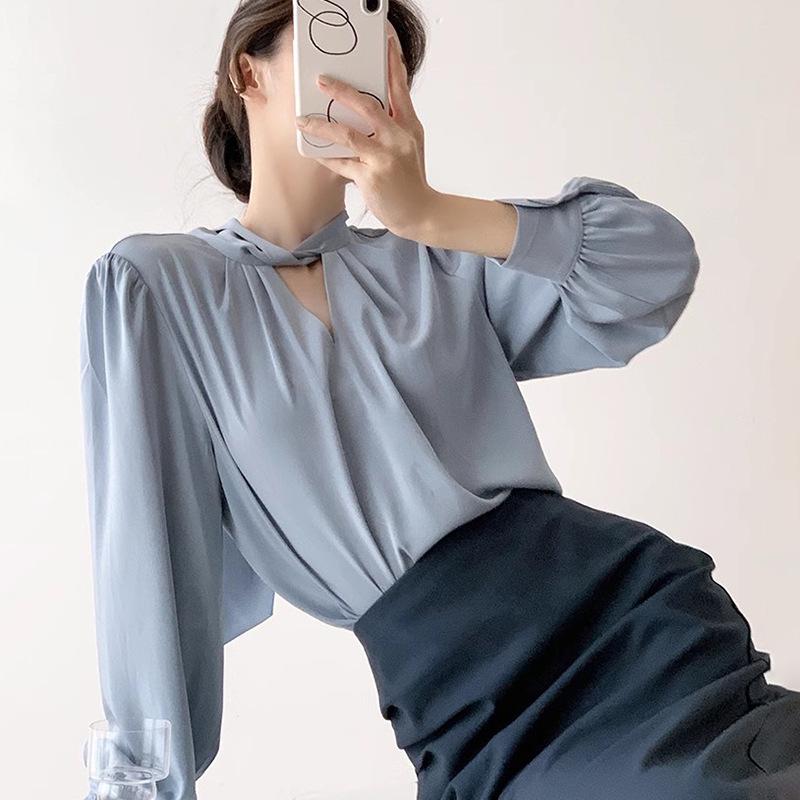 

Haze Blue Satin Hollow Collar Women s Shirt - 2025 Spring High-End Professional Commuter Style Small