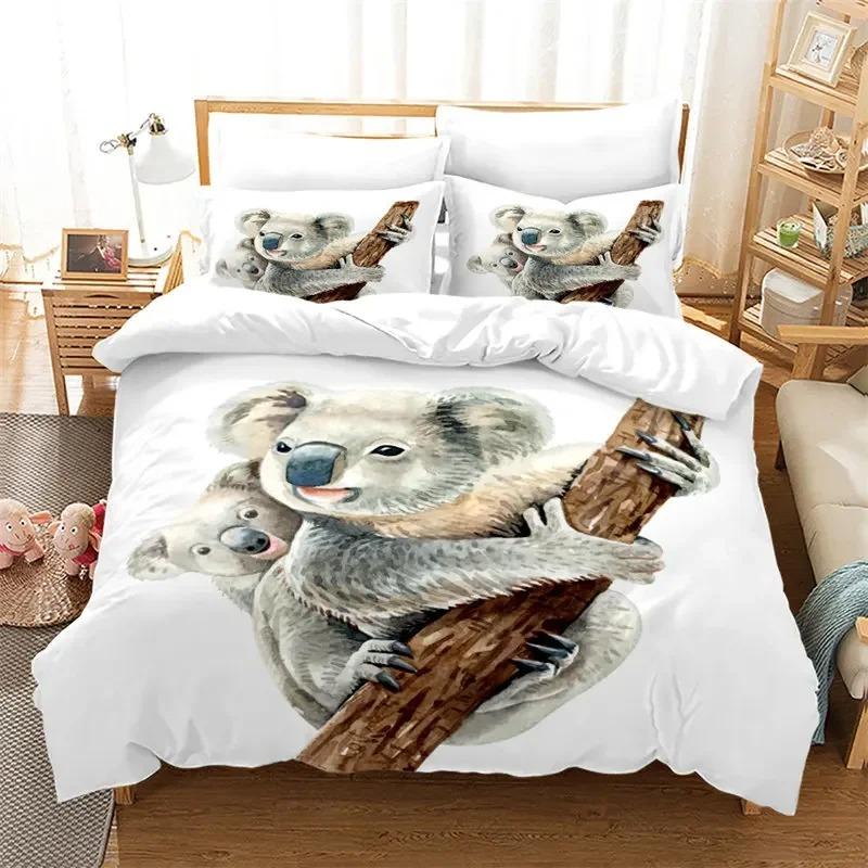 Cartoon Koala Duvet Cover Microfiber Cute Animal Bedding Set Botanical Leaves Comforter Cover For Boys Girls Children Room Decor