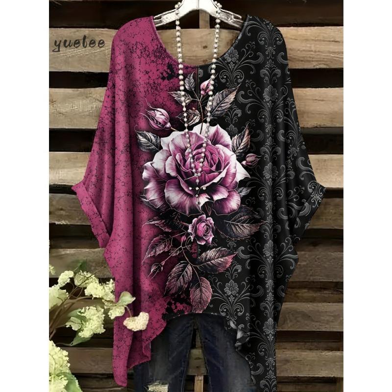 Camiseta para Mujer Estampado Floral Colorido Cuello Redondo Top Dobladillo Irregular Manga Corta Talla Grande Ropa para Mujer Casual al Aire Libre