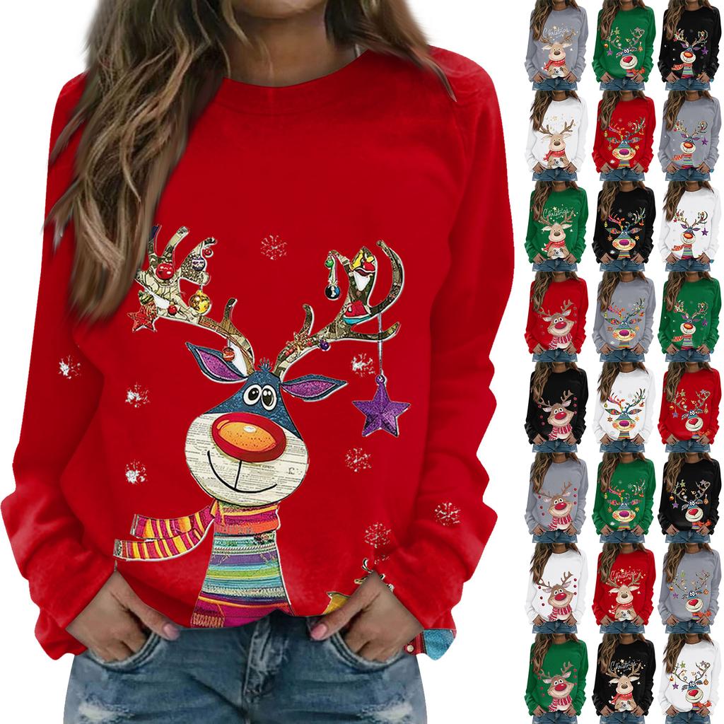 Blusa de algodón con cuello redondo para mujer, informal, con estampado de moda, manga larga, cuello redondo