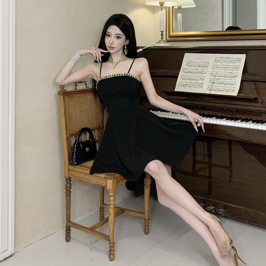 Girly Chic Reworked Bead Strap Dress, Waist-Defined Birthday Gift Mini A-Line Skirt for Women