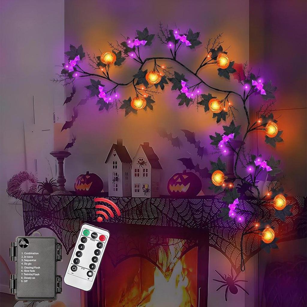 LED Halloween Garland with Orange Pumpkin Willow Vine Twig Bat Lights 8-Modes Battery Operated Waterproof Decorations for Indoor