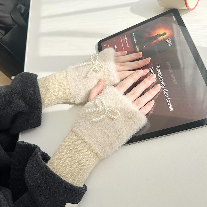 

Перчатки без пальцев в корейском стиле, простые с жемчужным бантом, женские, зимние, теплые, утолщенные, с защитой запястья, плюшевые перчатки, перчатки без пальцев One Size