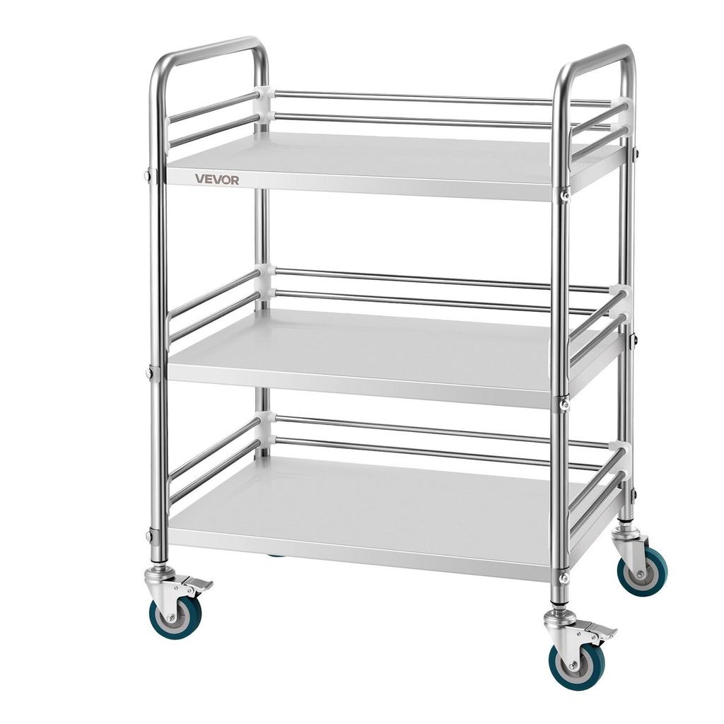 Stainless Steel Cart, 3-Tier Rolling Lab Utility Cart with Lockable Wheels, Medical Serving Trolley Clinic Tray, Heavy Duty Mobile Service Storage