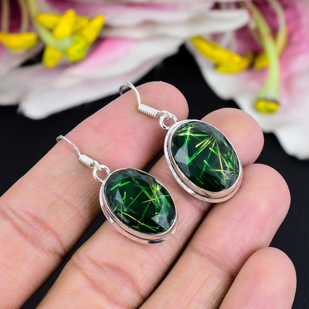 Green Rutile Gemstone Handmade 925 Sterling Silver Jewelry Earring 1.58" KG-1781