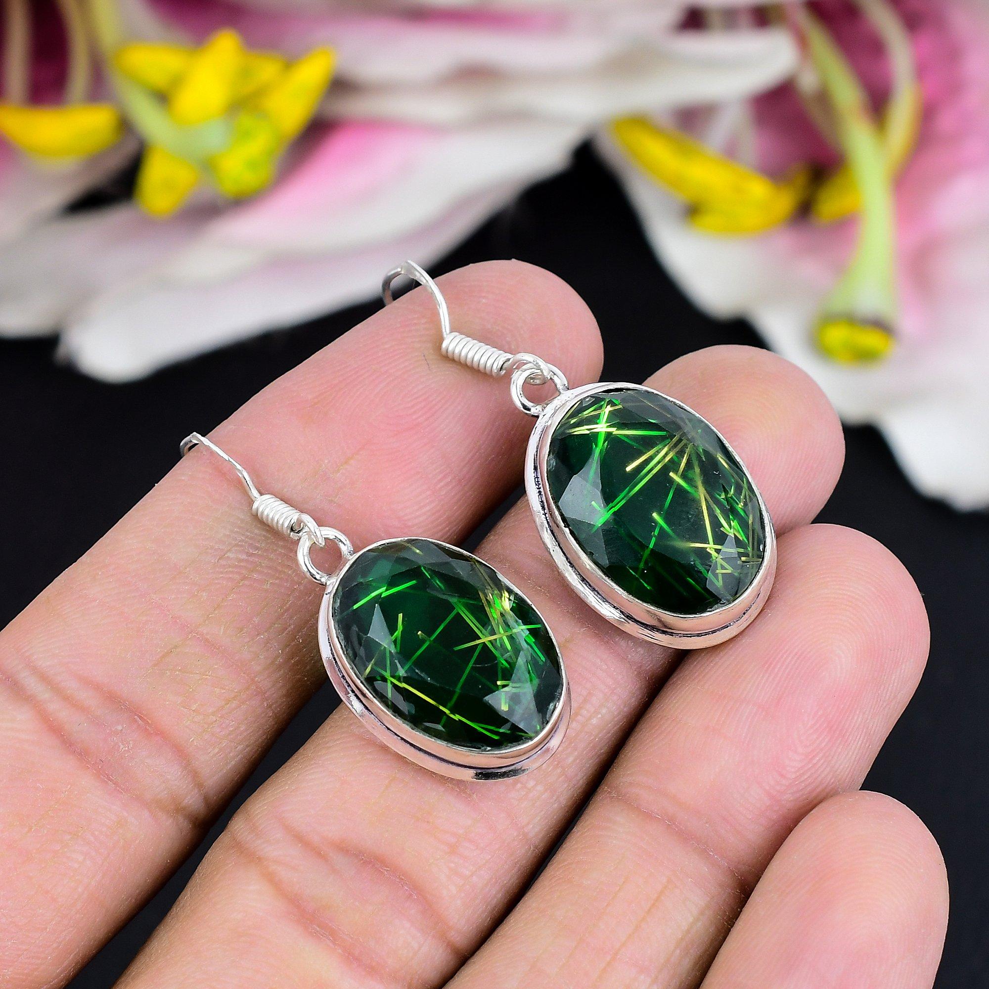 

Green Rutile Gemstone Handmade 925 Sterling Silver Jewelry Earring 1.58 KG-1781