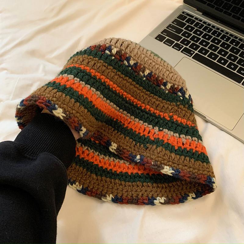 Handmade Knit Color Block Fisherman Hat Women Winter Warm Wool Cap Ins Style