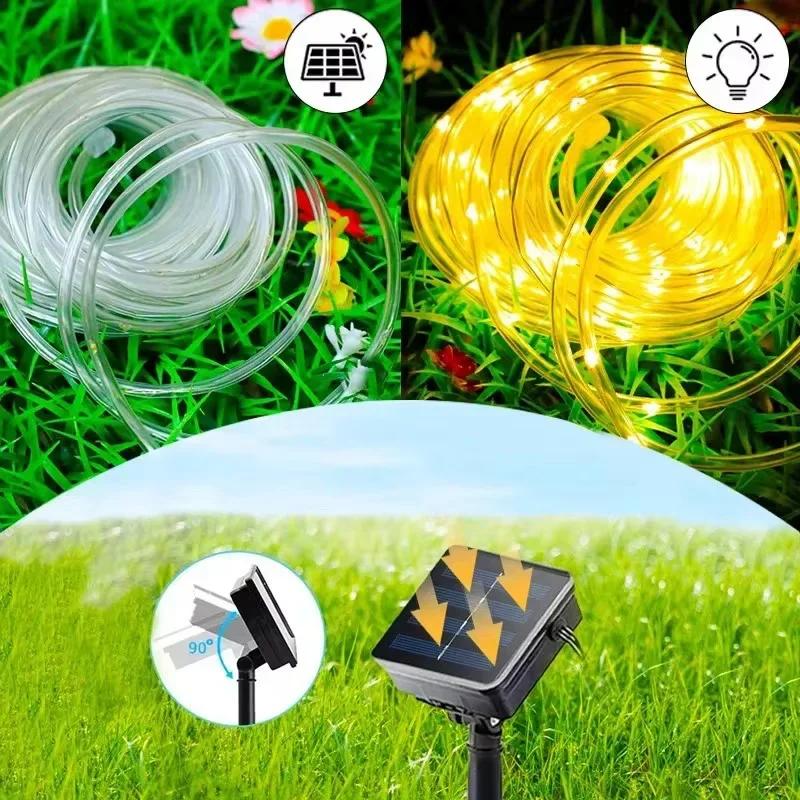 7M/12M Solar Tube Rope Lights Outdoor Waterproof LED String Fairy Strip 8 Modes for Garden Wedding Christmas Tree Fence Decoration
