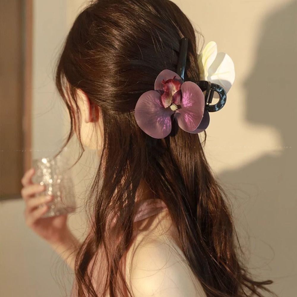 Shark Clip Flower Hair Claw Ponytail Clip Large Shark Clip Cute Butterfly Orchid Hair Clip  Female
