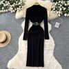 Minimal light luxury high-end solid color knitted dress women's autumn cross-neck belt waist slim-fitting beautiful long dress