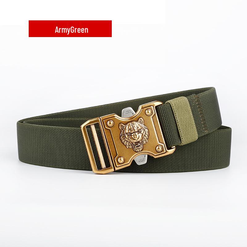 Men's Business Casual Tactical Belt with Tiger Head Buckle - Customizable Logo, Light Luxury Design.
