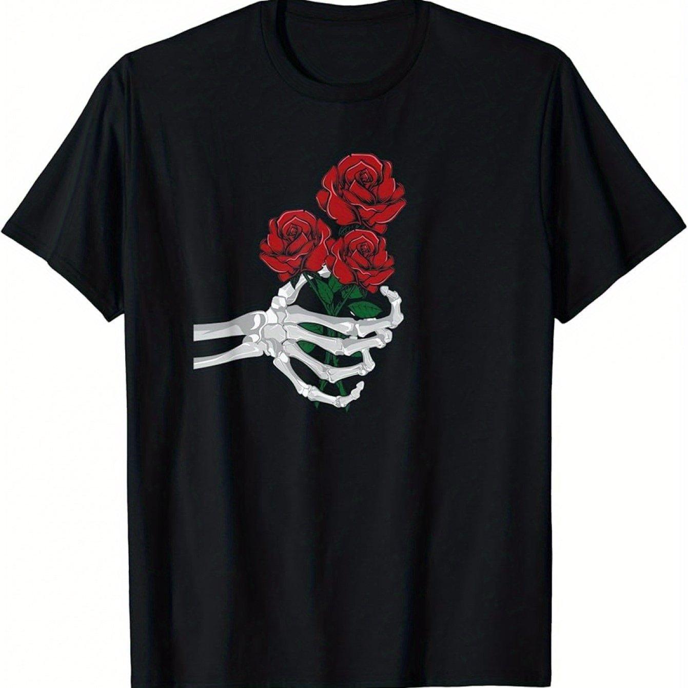 

Skeleton Hand Holding Red Roses Graphic Tee Men Casual Cotton Crew Neck T-Shirt Daily Wear 4XL