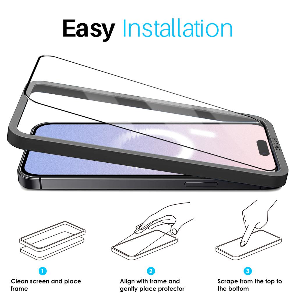 NORTHJO 2Pcs A+ For iPhone 16 Plus/15 Plus Screen Protector 0.3mm High Aluminum-Silicon Glass Film with Alignment Frame,Black