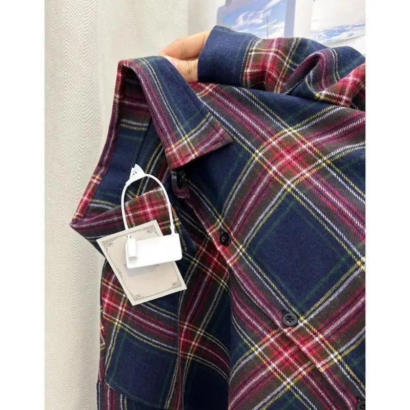 2025 Women's Retro Blue Plaid Shirt Jacket - Loose Fit, Long Sleeve for Spring & Autumn