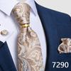 Fashion Men's Necktie Ring Set Light Brown Floral Silk Tie Handkerchief Cufflinks for Party Business