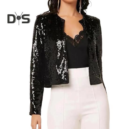 Kvinner Fest Paljettfrakk Rundhals Åpen søm Cardigan Langermet Kort Type Ensfarget Stage Performance Club Dance Jakke