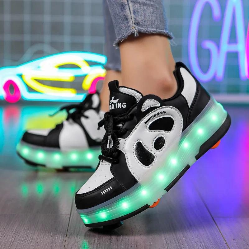 Kid Sneakers Luminous Removeable 4 Wheels Roller Skates USB Charge Wing Panda Sport Casual Skateboard Shoes Girls Boys Skates