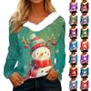 Women's Christmas Printed Long Sleeved Party Plush Neck V-neck Top