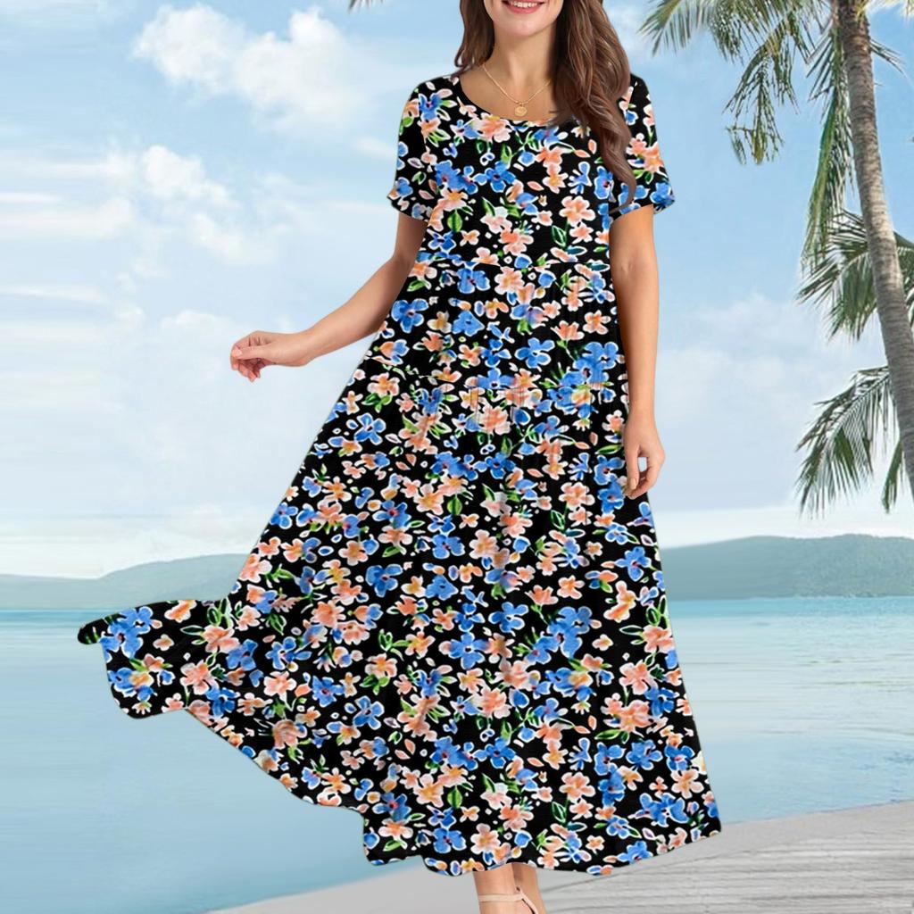 Women's Casual Loose Bohemian Floral Print Short Sleeve Dress
