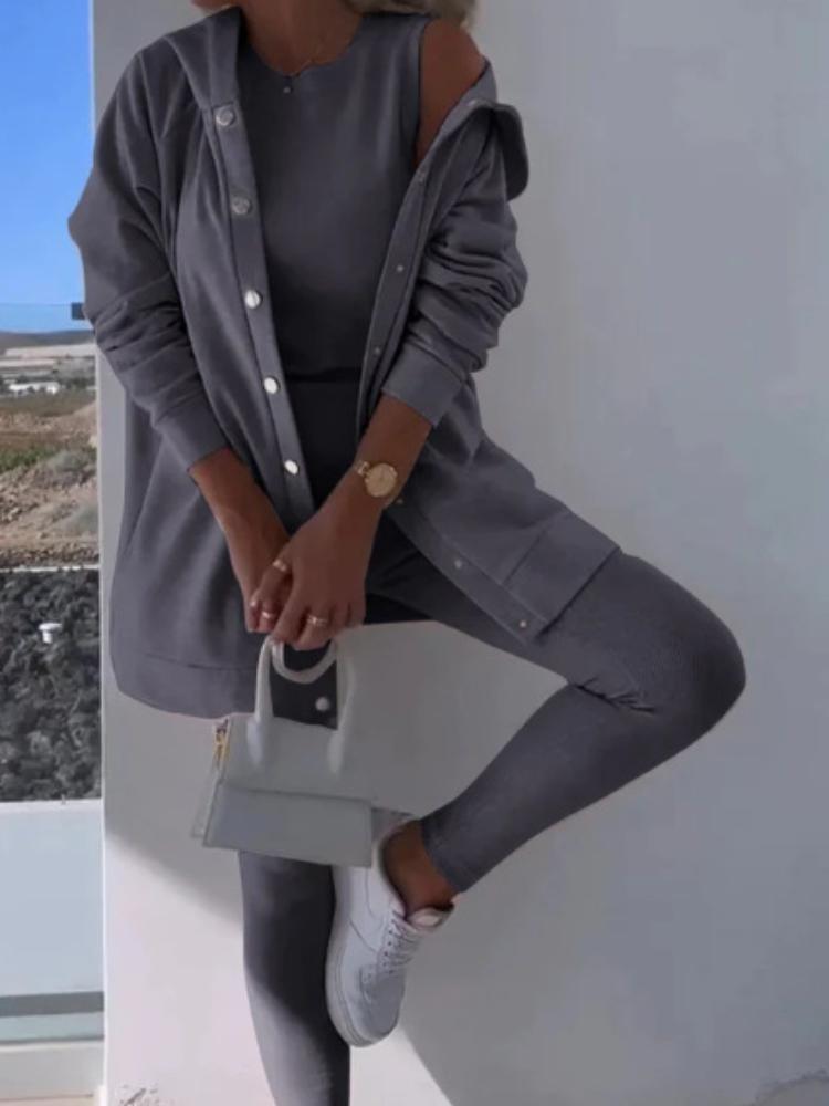 Damski Zestaw Kardigan z Kapturem z Topem Bez Rękawów i Legginsami, Strój Casual na Wiosnę i Lato