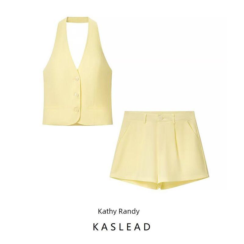 Kaslead New Arrival Women's Clothing Fashion Style Fashion V Neck Sleeveless Halter Vest Shorts Two-piece Set