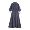 Autumn European and American Women's Clothing Medium and Long with Belt Striped Midi Dress